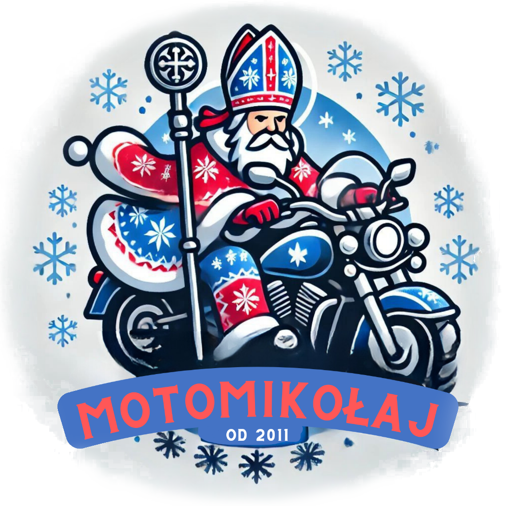 Logo akcji MotoMikołaj, przedstawiające Świętego Mikołaja w
             stroju biskupa, jadącego na motorze.